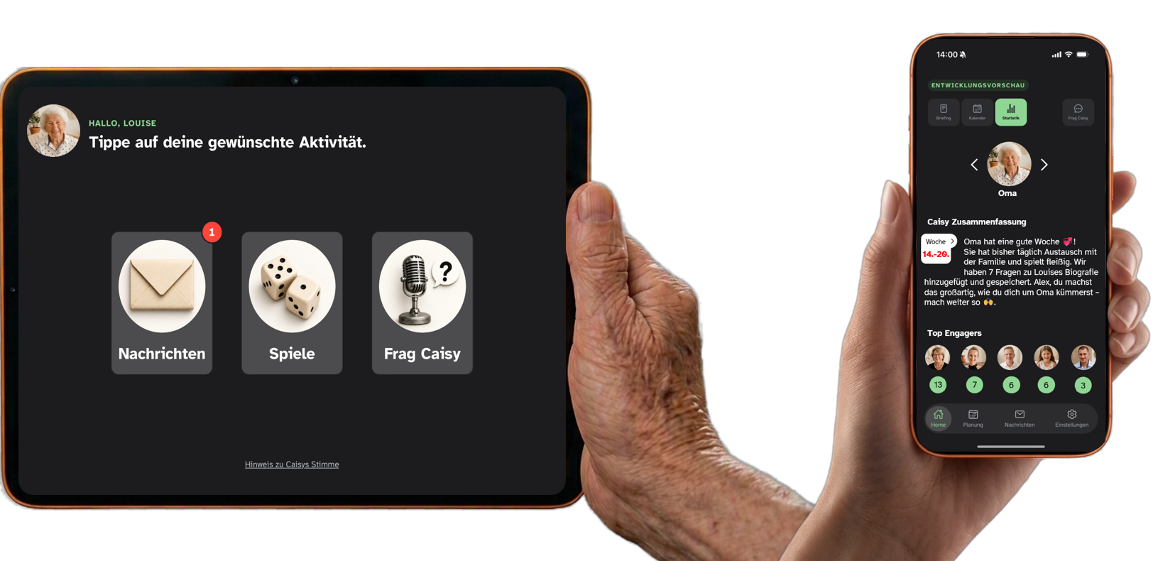 Caisy auf einem iPad und einem iPhone; auf dem iPad sind Nachrichten, Spiele und Frag Caisy sichtbar
