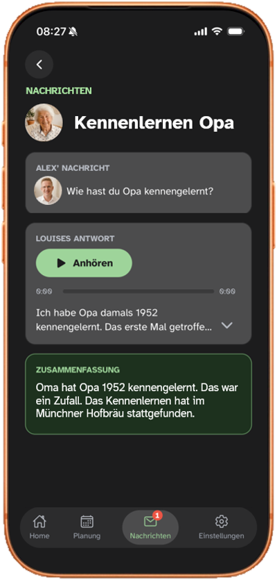 Caisy-Rückmeldung mit Audio und Zusammenfassung auf einem iPhone